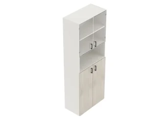 šířka 80 cm, 5 polic, výška na 6 pořadačů, 2x dvířka plná na výšku 3 pořadačů a 2x dvířka skleněná na výšku 2 pořadačů