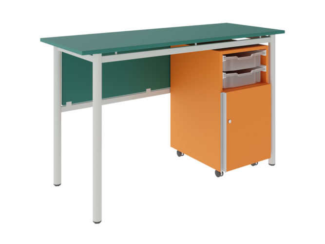 učitelský stůl se dvěma zásuvkami, 1× dvířka, dekoritová deska s ostrými rohy